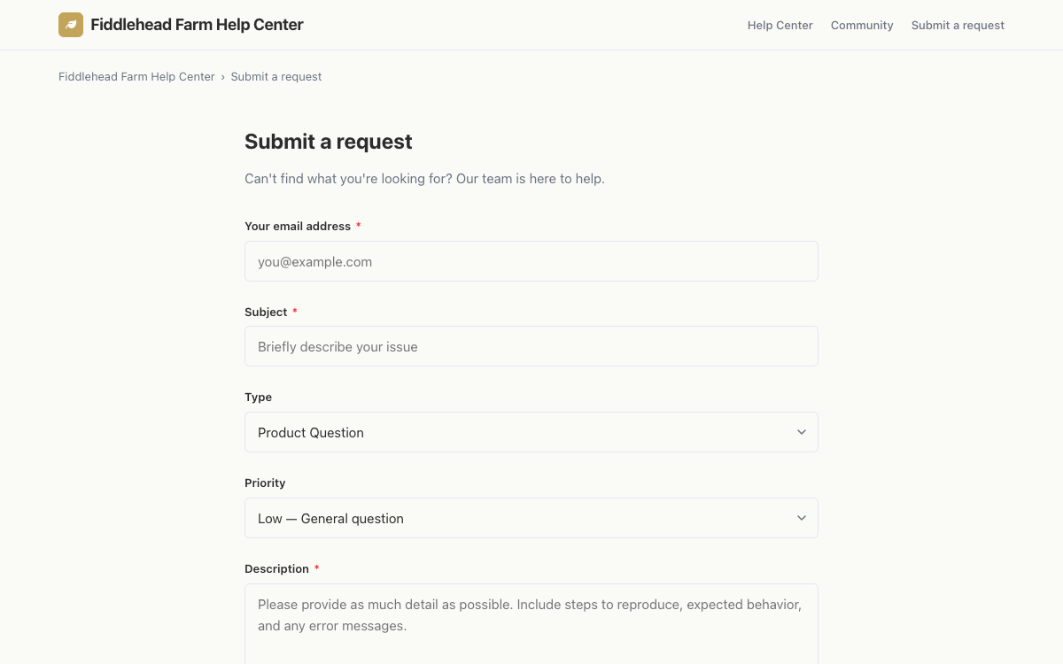 Fiddlehead Farm Help Center Request preview