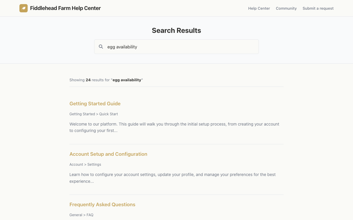 Fiddlehead Farm Help Center Search preview