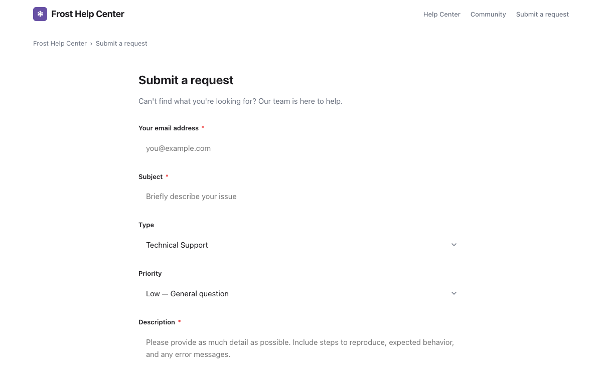Frost Help Center Request preview