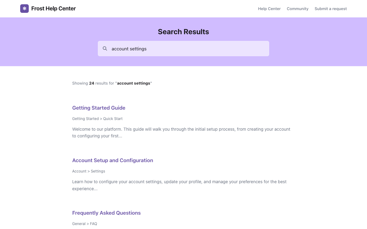 Frost Help Center Search preview